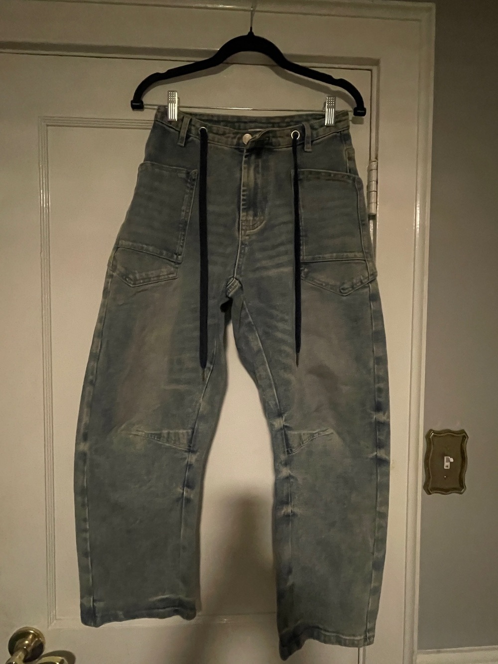 Women’s Washed Grey Utility Jeans with Drawstring Waist